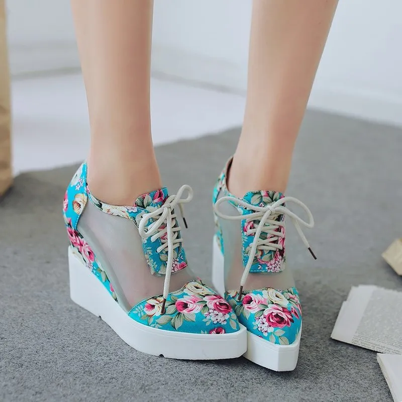 

Womens Pointed Toe Mesh Breathable Printed Floral Ankle Boots Lace Up Wedge High Heel Shoes Platform Summer Casual 3Colors Sz