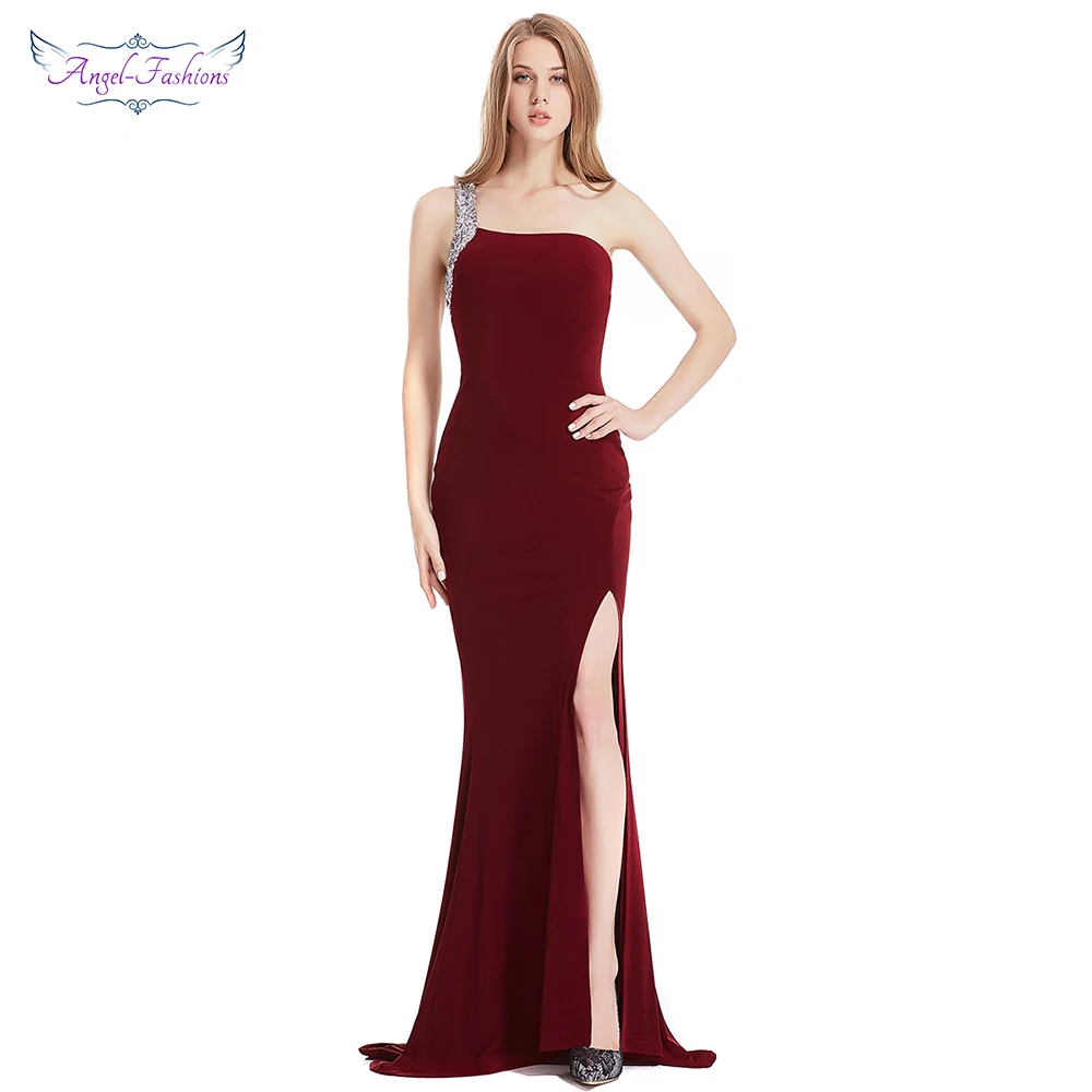 

Angel-fashions Formal Gown One Shoulder Sequin Slit Backless Hollow Out Long Evening Dresses Wine Red 376