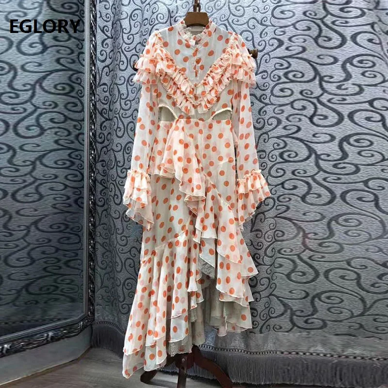 

Top Quality New 2019 Autumn Long Dress Women Polks Dot Print Sexy Sheer Lace Patchwork Ruffle Flower Long Sleeve Sexy Maxi Dress