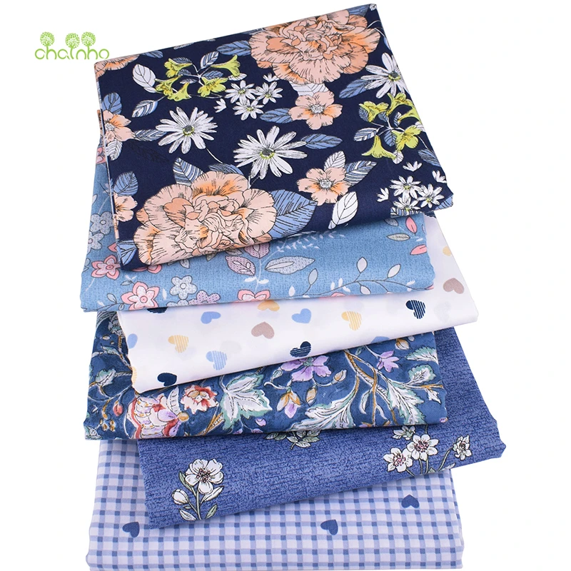 Chainho, 6 шт./лот, синяя Цветочная серия, саржевая хлопковая ткань с принтом, Лоскутная Ткань, DIY швейный материал для стеганых изделий для малышей и детей