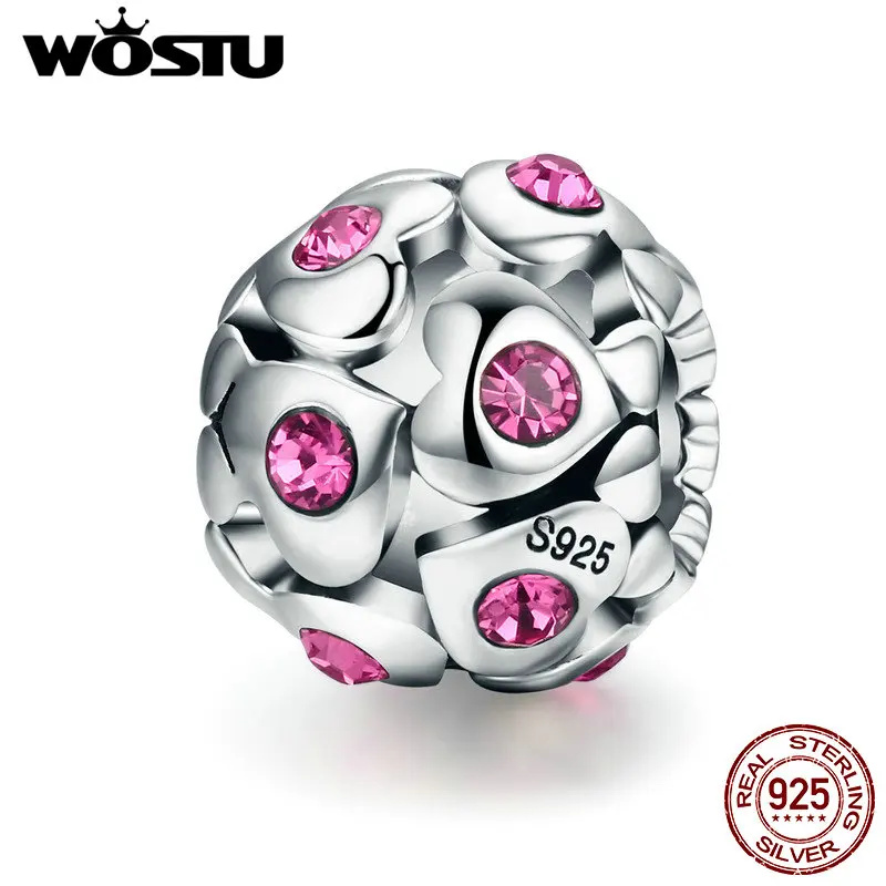

WOSTU Luxury 100% 925 Sterling Silver Romantic Heart Pink CZ Beads fit Charm Bracelet DIY Jewelry Valentine Day Gift DXC535
