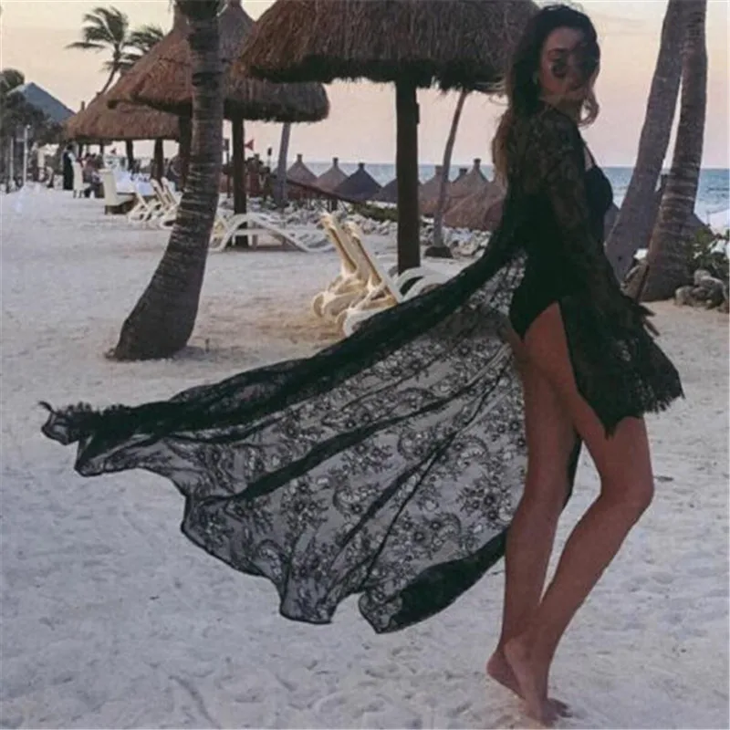 

Black Whie Women Lace Flower Cardigan Beach Long Dress Cover-Ups Sexy Bikini Cover Up Sunscreen Beachwear