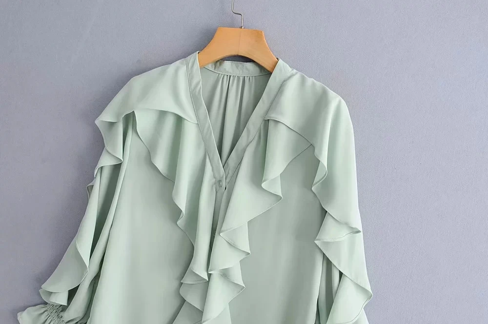 Увядшие blusas mujer de moda 2019 английский стиль каскадные оборки v-образным вырезом однотонные кимоно блузки женские топы и блузки