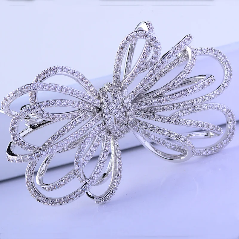 Classic Bowknot Brooch Pin Cubic Zirconia Wedding Clothing Accessories Lady Scarf Buckle Jewelry Gift XR02116F8