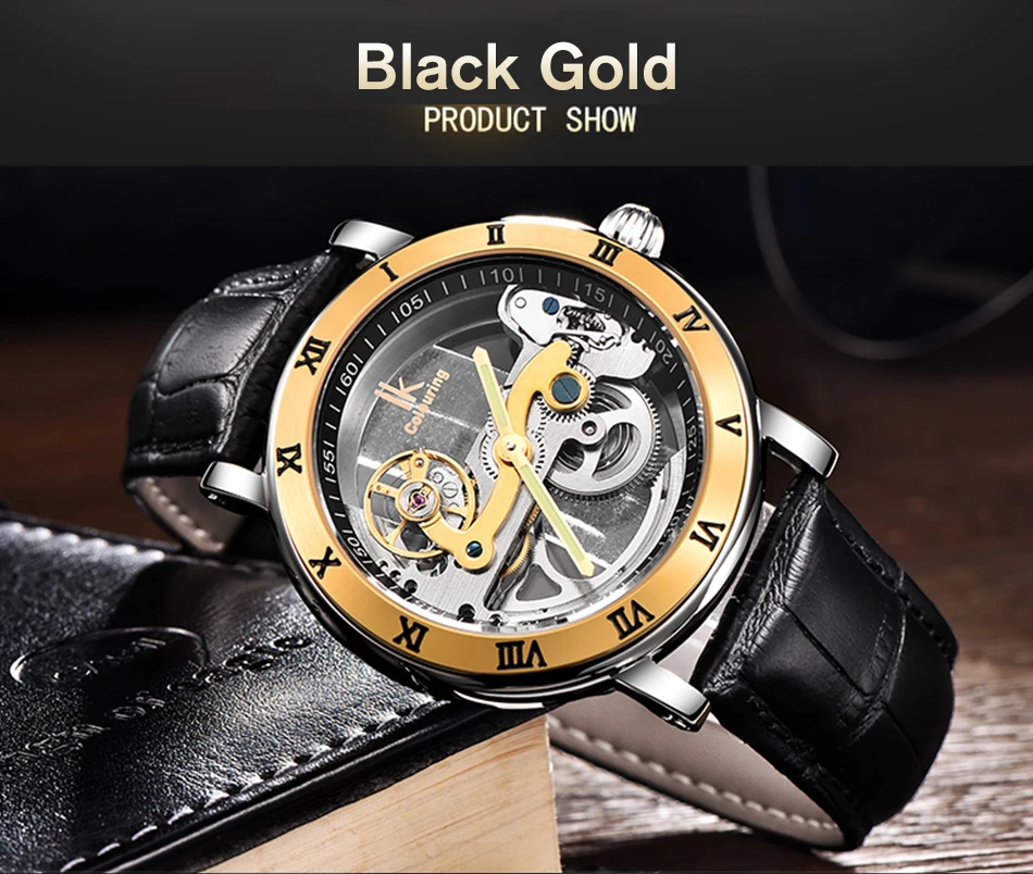 IK التلقائي ساعات آلية الرجال أعلى العلامة التجارية الفاخرة الذهب لهجة الفولاذ المقاوم للصدأ الهيكل العظمي شفافة الذكور ساعة Relogio Masculino