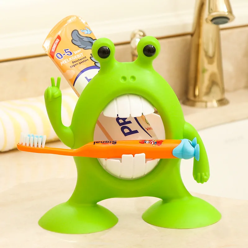 ONEUP Мультфильм Детская Зубная паста держатель коробка лягушка присоска настенная подставка для зубных щеток крепление Стенд аксессуары для ванной комнаты Набор - Цвет: green