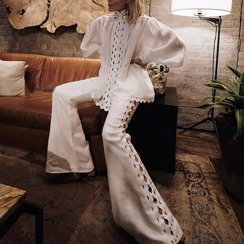 

Casual Solid Hollow Out Women Set Turtleneck Puff Sleeve Tops Slim Wide Leg Pants Two Piece Set Elegant Spring 2019