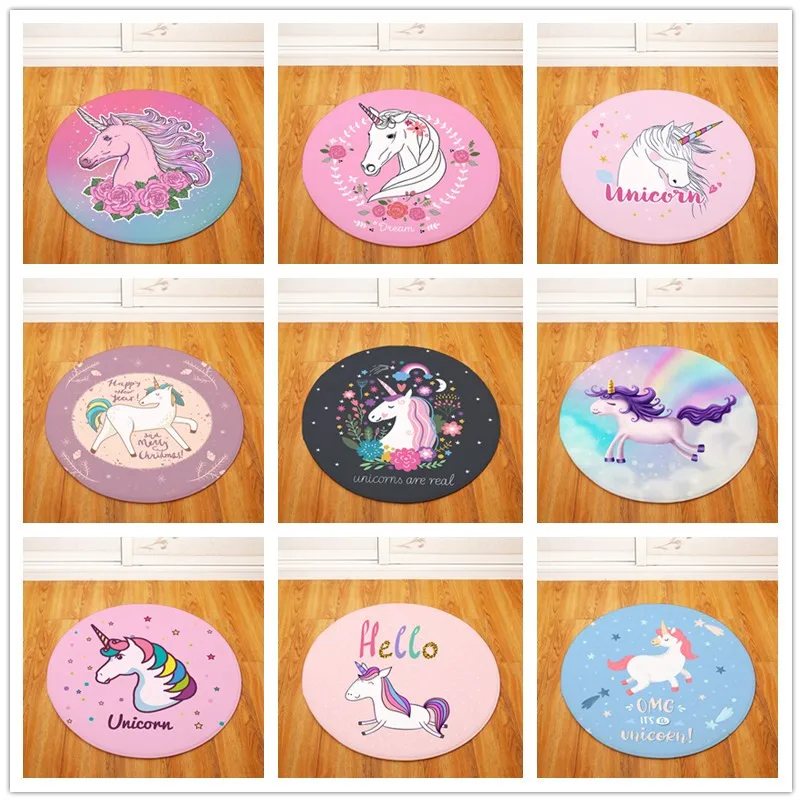 

Round Carpets for Living Room Cartoon Unicorn Printed Parlor Bedroom Chair Rugs Toilet Bath Decorate Non-slip Door Mat