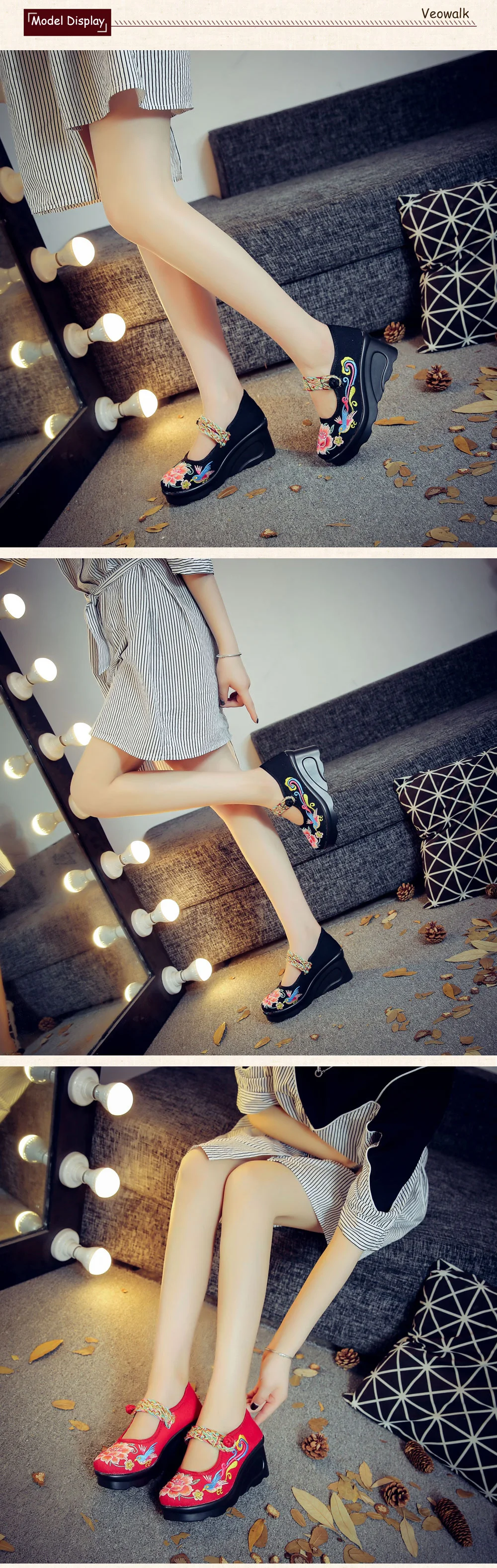 Veowalk; Женская Повседневная парусиновая обувь на высоком каблуке с вышивкой в виде птицы; обувь на танкетке в этническом стиле; женская обувь Mary Jane на платформе с ремешком; Sapatos Mulher