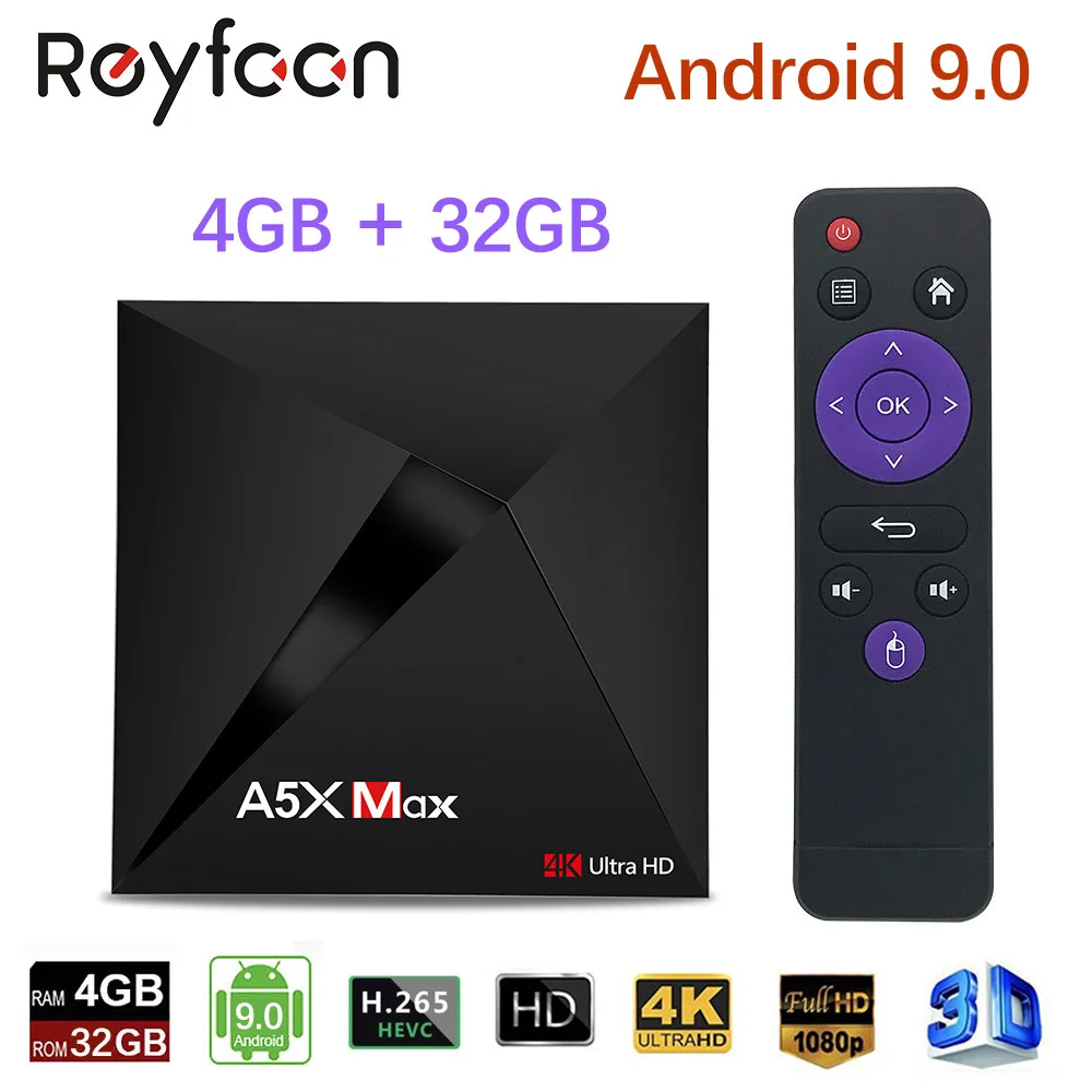 

Android 9.0 TV BOX A5X Max 4GB 32GB Rockchip RK3328 Quad-Core 64bit Cortex 4K UHD 3D USB3.0 Google Player Netflix Youtube Smart