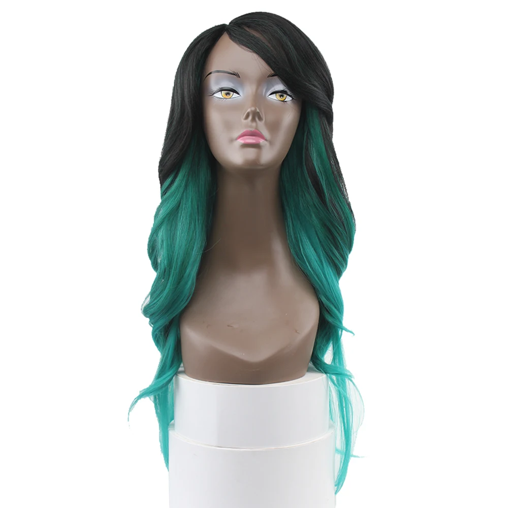 Goede X TRESS PROMOTIE Synthetische Kant Deel Pruiken Met Pony Omber Zwart Groen Blauw Paars Lange Rechte Midden Side Deel Cosplay pruiken