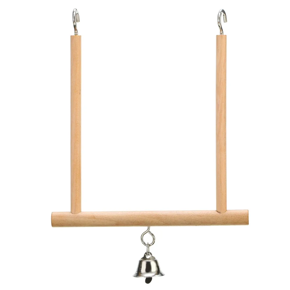 

1pc Birds Perch Parrot Play Toys Stand Holder Natural Wooden Cage Hanging Swing Bell 18x12.5cm