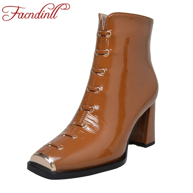 

FACNDINLL shoes women ankle boots genuine leather autumn winter warm boots sexy high heels black zipper woman motorcycle boots