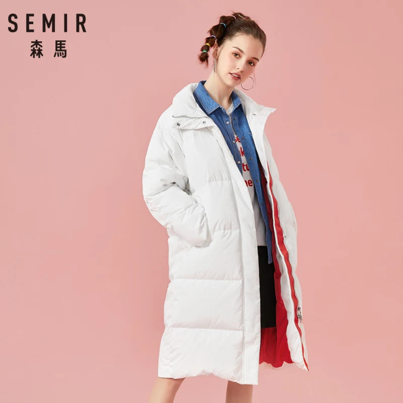 

SEMIR Women Quilted Long Down Stand-up Collar Coat with Slant Pocket Zip&Snap Closure Down Filling Puffer Coat Polyester Lined