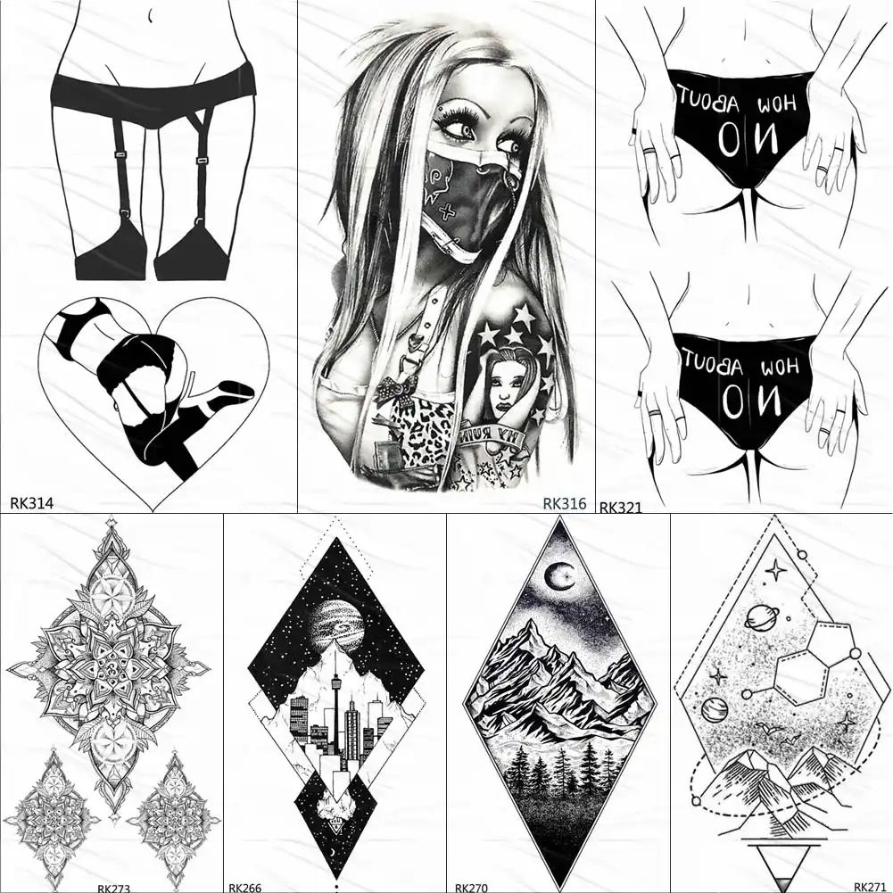 Ommgo Bad Girl Women With Mask Tattoos Temporary Body Art Sexy Butt Tattoo Stickers Waterproof Rhombus City Planets Tatoo Papers