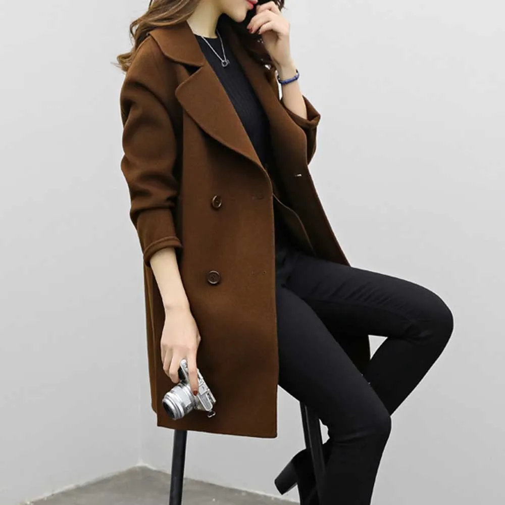 YUNY Women Woolen Fall Winter Double-Breasted Silm Fit OL Suit Jacket Khaki S