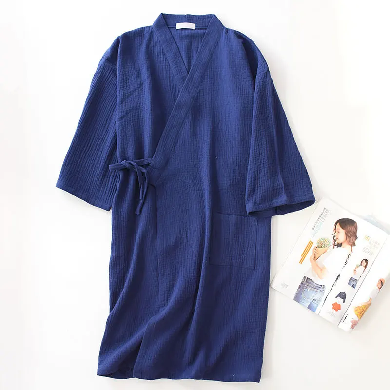 Лето хлопок креп двойное газовое японское парадное кимоно женские халаты пижамы Пара халат Длинные свадебные пижамы - Цвет: Men navy blue