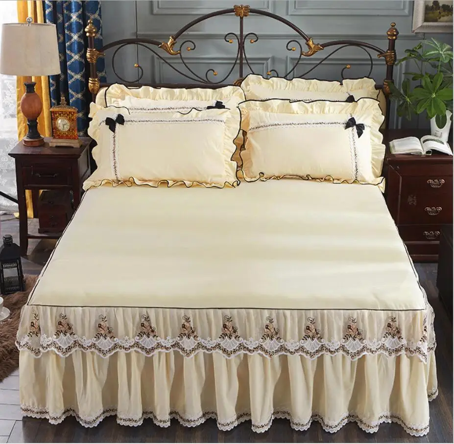 

Princess Wedding Bedding Beige/Pink 1/3pcs Lace Bedspread Bed sheet Romantic Bedclothes Bedcover Girls gift For 150X200/180X200