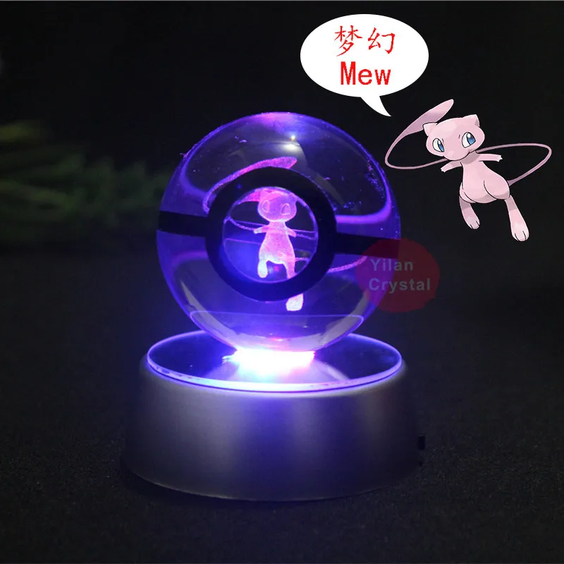 

Mew Pokemon Engraving Round Crystal With Black Line Nice Fashion 50mm 80mm Ball Keychain With LED Base