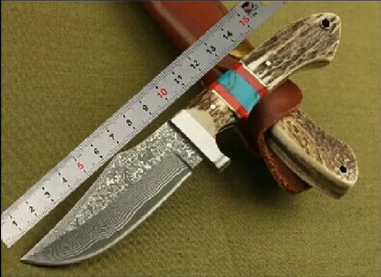 Дешевый Новый фиксированный нож дамасский стальной нож Рога Ручка Открытый кемпинг инструменты охотничий нож выживания ножи с кожаной оболочкой