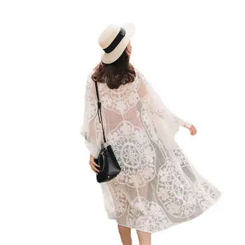

Large Size 2019 New Spring Summer Holiday Long Cardigan Women Shawl White Lace Blouse Beach Sunscreen Clothing Female LQ729
