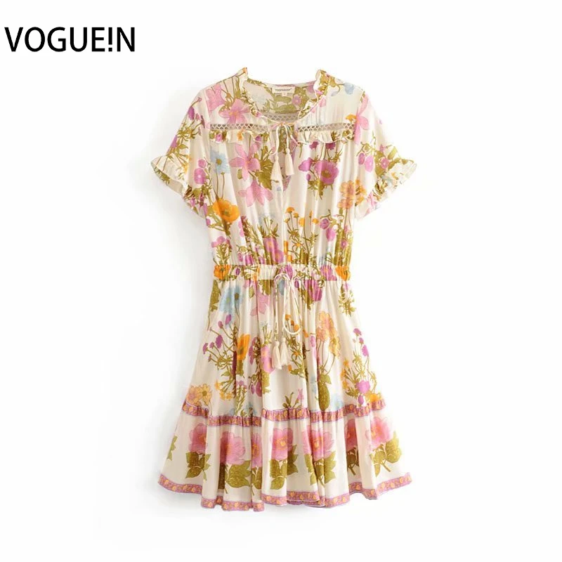 

VOGUEIN New Womens Casual Floral Print Beach Hollow Out Short Sleeve O-Neck Mini Dress Wholesale