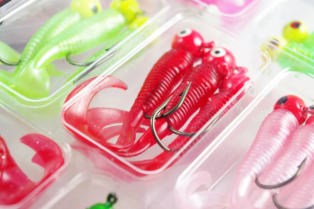 17PCS Fishing Bait soft lure maggots Grub worm Silicone Jig Head Hook