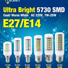 Высокое качество, 220 В, 7 Вт, 9 Вт, 12 Вт, 15 Вт, 20 Вт, 25 Вт, 5730 SMD светодиодный светильник-кукуруза, лампа, теплый белый, холодный белый свет, лампа E27, E14, база для домашнего декора