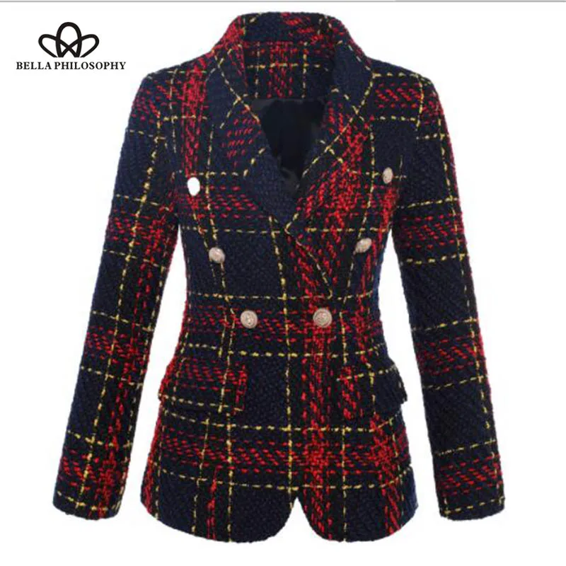 

Bella Philosophy Autumn Double Breasted Long Sleeves Short Coat Plaid Tweed Outwear Office Lady Coat