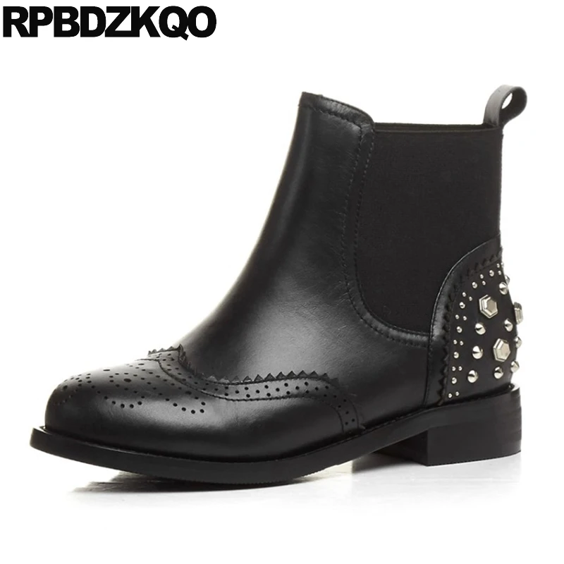

Flat Booties Ankle Stud British Chelsea Elastic Metal Rivet Brogue Black Genuine Leather Fall Designer Shoes Women Luxury 2017