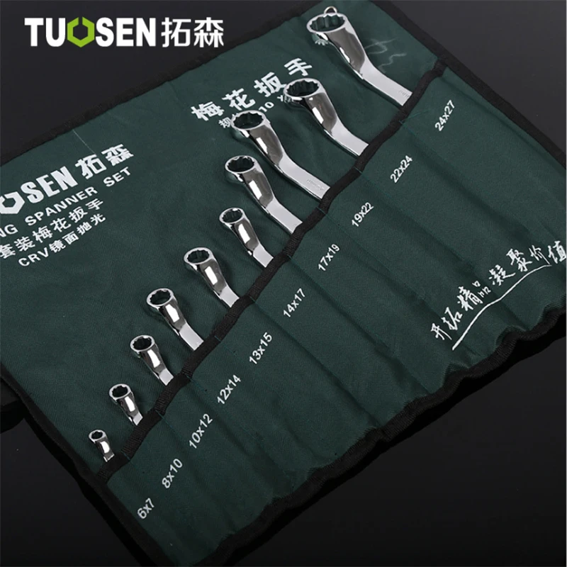 TUOSEN 6-27MM End Wrench Dual Head Double End Ring Spanner Deep Offset Ring 10pcs/set Universal Wrench Hand Tool Set