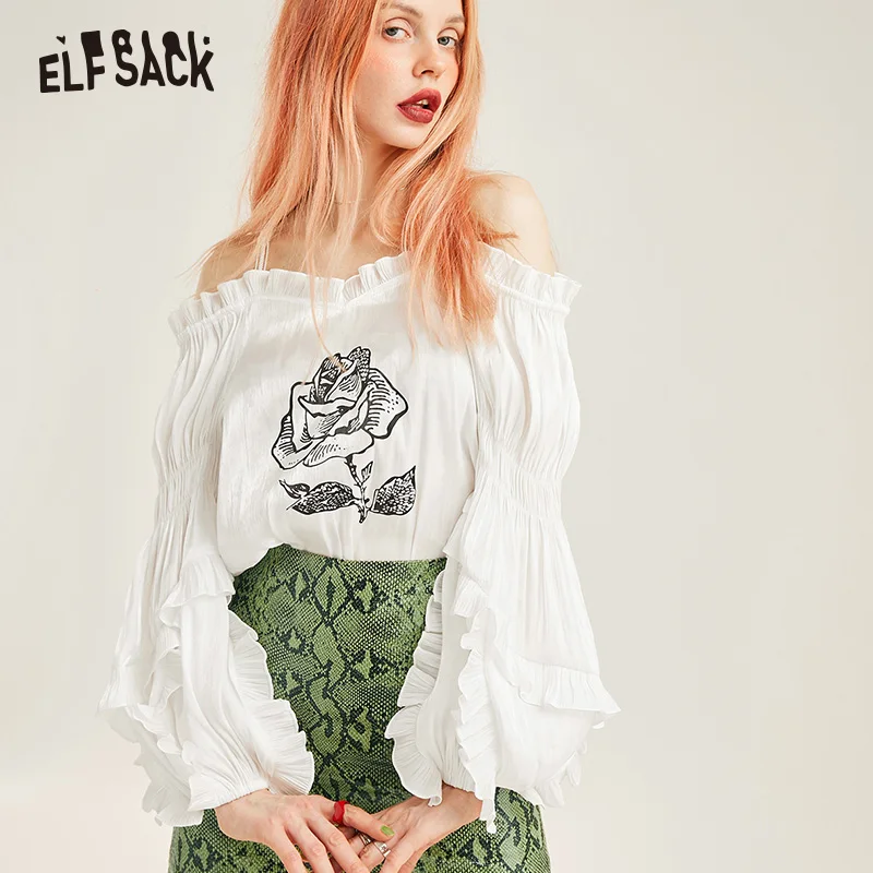 ELF SACK/модные белые блузки с цветочным принтом и милыми оборками сексуальные