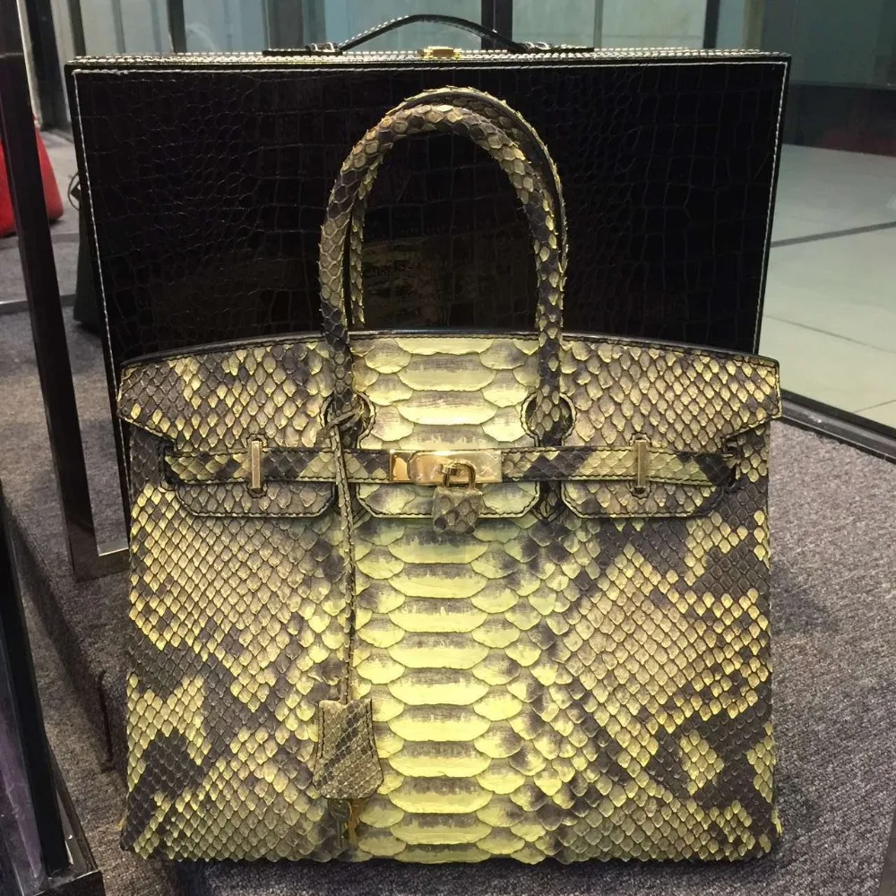 

100% Genuine Python Snake Skin Bag Lady Handbag Tote in Light Yellow Color Natural