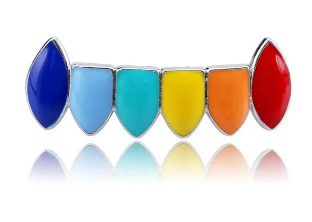 1 набор разноцветных зубных гриллей смешанный дизайн поддельные зубные грилли хип-хоп крутые Мужские украшения для тела США рэп рот шапки Прямая - Окраска металла: 1Pc Silver Button