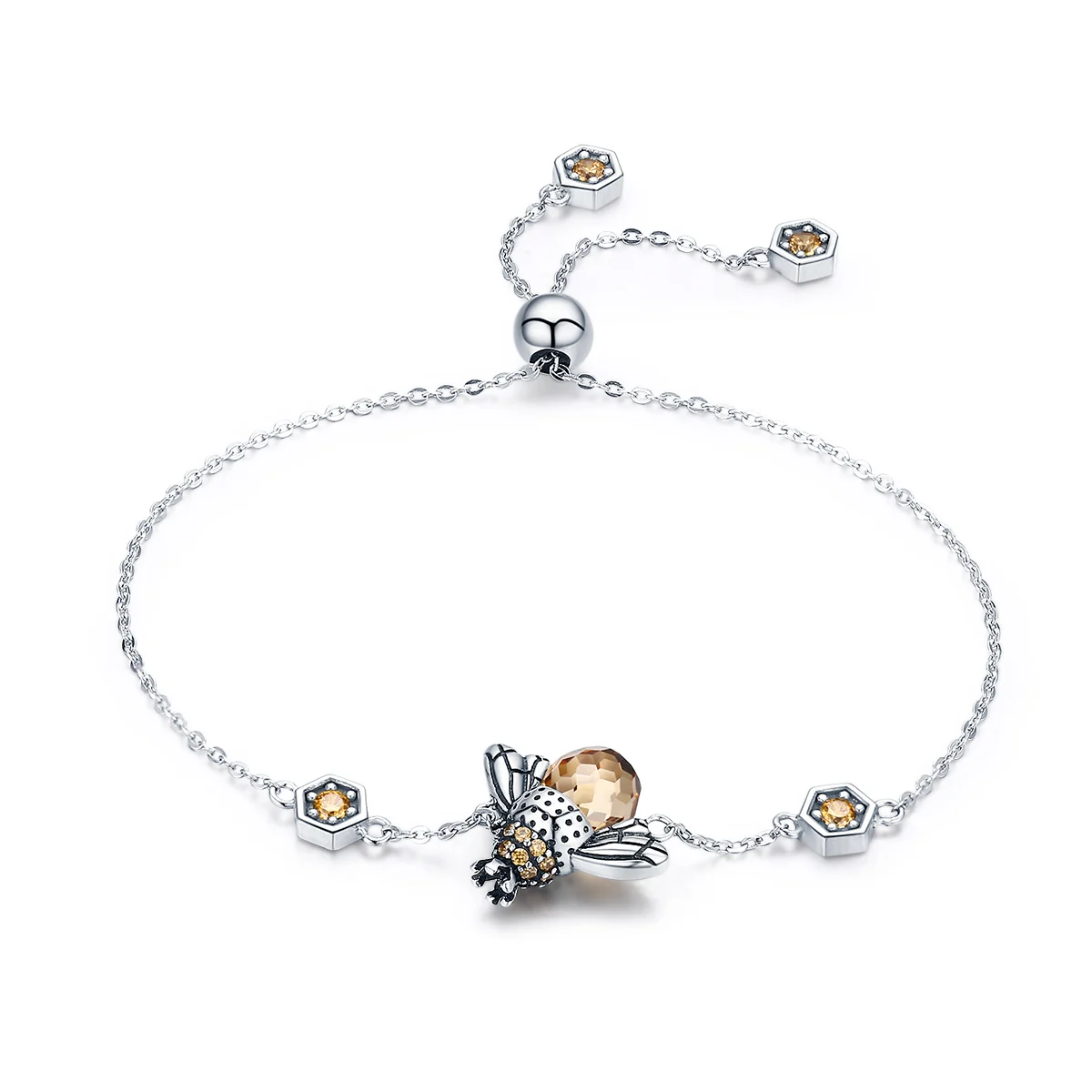 

trynmera100% 925 Sterling Silver Dancing Honey Bee Chain Link Women Bracelet Crystal Big Stone Bracelet Jewelry TB016