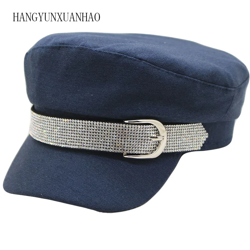 

Fashion Diamond Military Hat Autumn Cotton Sailor Hat for Women Men Flat Top Female Crystal Travel Cadet Hat Captain Cap