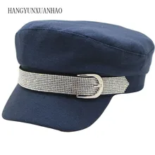 Fashion Diamond Military Hat Autumn Cotton Sailor Hat for Women Men Flat Top Female Crystal Travel Cadet Hat Captain Cap fashion alloy buttons embellished military hat for men