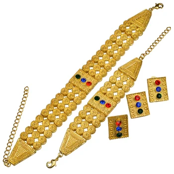

African Ethiopian Chokers Necklace Earrings Ring Bracelet Colored Stone Gold Color Eritrean Wedding Jewelry sets #J0825