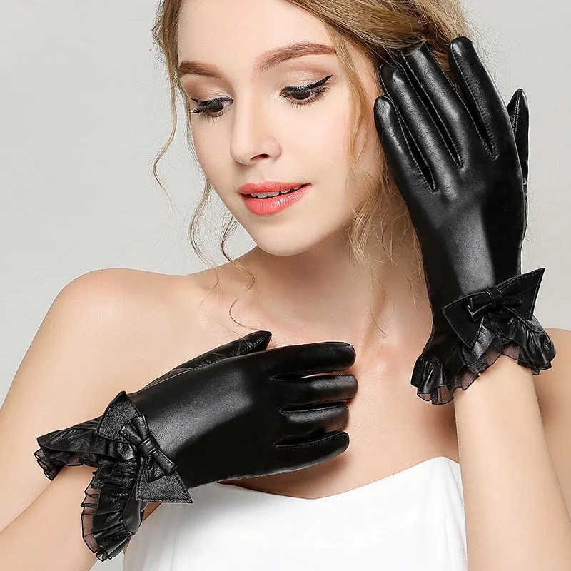 Genuine Leater Gloves Female Winter Sheepskin Lace Butterfly Knot Plus Velvet Thicken Keep Warm Touchscreen Woman Gloves BJ8004 Genuine Leater Gloves Female Winter Sheepskin Lace Butterfly Knot Plus Velvet Thicken Keep Warm Touchscreen Woman Gloves BJ8004