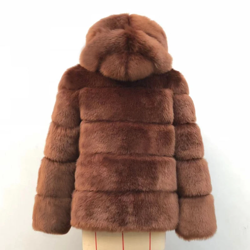Роскошное дизайнерское пальто с капюшоном из искусственного меха, Женская куртка, зимние плотные теплые пальто, верхняя одежда, элегантная пушистая Женская куртка из лисьего меха