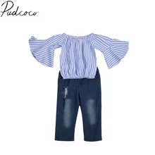 Pudcoco/пуловер с круглым вырезом новая летняя одежда в полоску для маленьких девочек Рубашка с длинными рукавами+ джинсовые штаны, комплект одежды От 1 до 7 лет