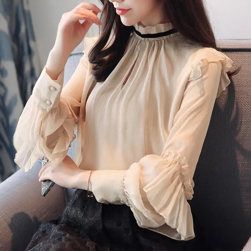 

2019 Spring New Arrival Elegant Lotus Leaf Chiffon Blouse Sweet Fairy Ruffles Long Sleeve Stand Collar Shirt Free Shipping