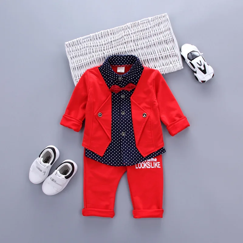 Лидер продаж, комплекты для маленьких мальчиков красная рубашка в клетку с длинными рукавами+ штаны, комплект из 2 предметов комплект одежды с галстуком-бабочкой для малышей весна - Цвет: Красный