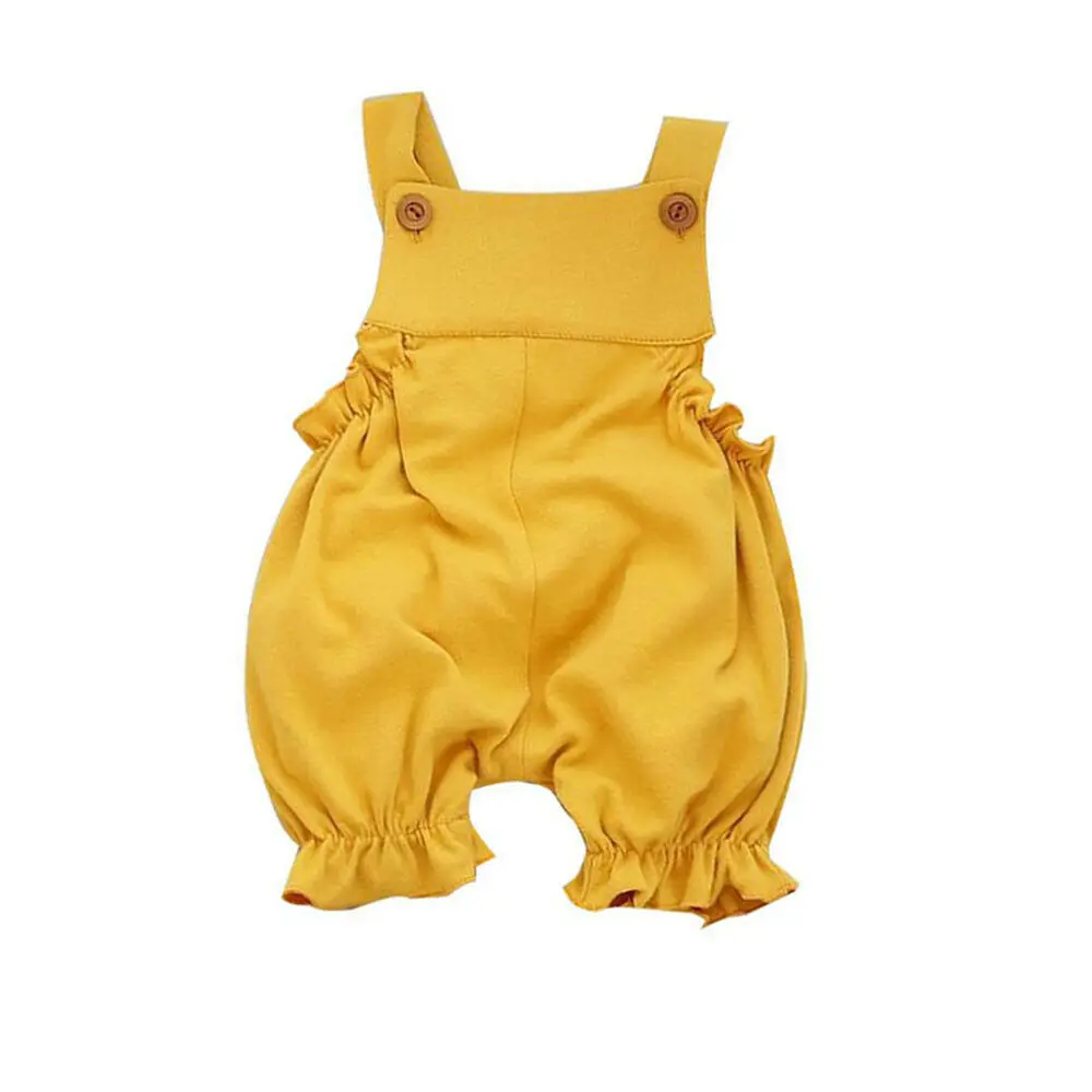 

2019 Infant Newborn Baby Girls Clothes Frog Style Frilly Overall Button Jumpsuit Summer Ruched Solid Color Romper Playsuit