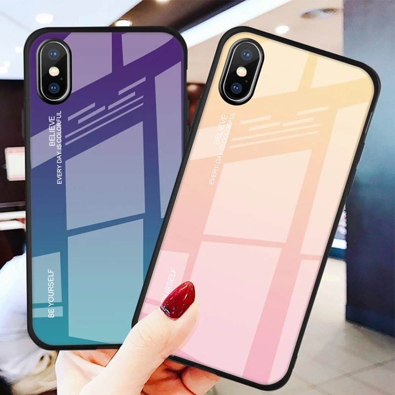 

Tempered Glass Case For iPhone XS XR 7 8 X 6 6S Plus Gradient Color Blue Ray Aurora Skin Back Cover For iPhone XS Max XS XR Case