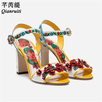 

Qianruiti Colorful Print Leather Flower Appliques Buckle Strap Rhinestone Sandals Open Toe Block Heel Shoes Summer Sandles Women