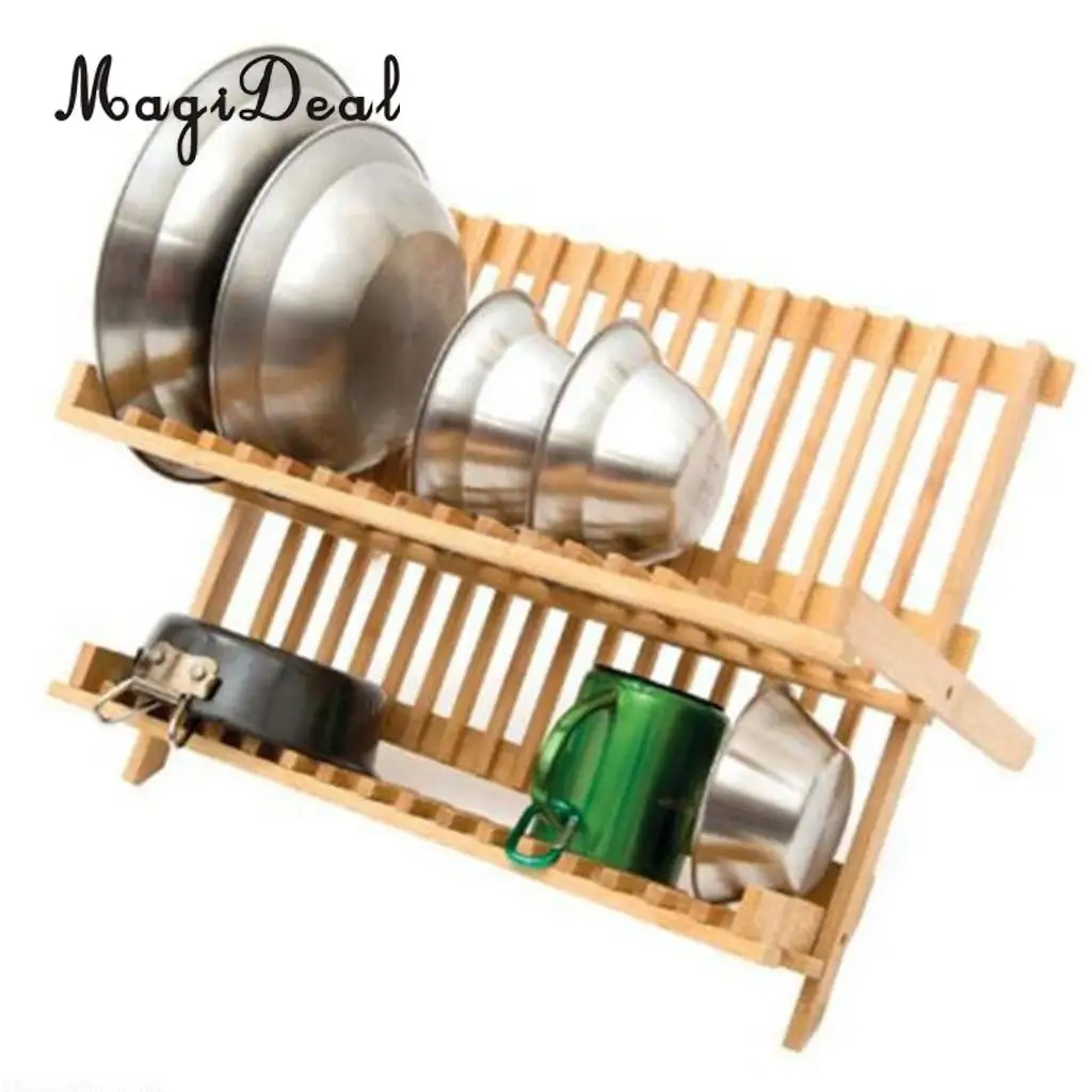 MagiDeal Dish Drying Rack Wooden Plates Rack Collapsible Drainer