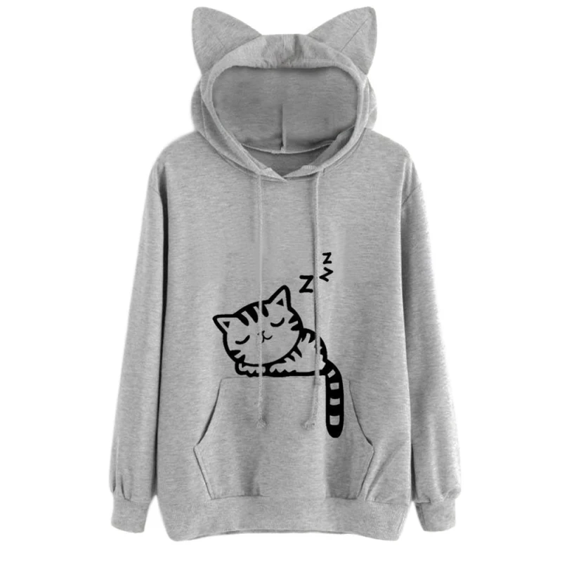  Harajuku Women Kawaii Cat Ear Hoodies Tops Cute Cartoon Sleeping Cat Printed Hooded Sweatshirt Fema