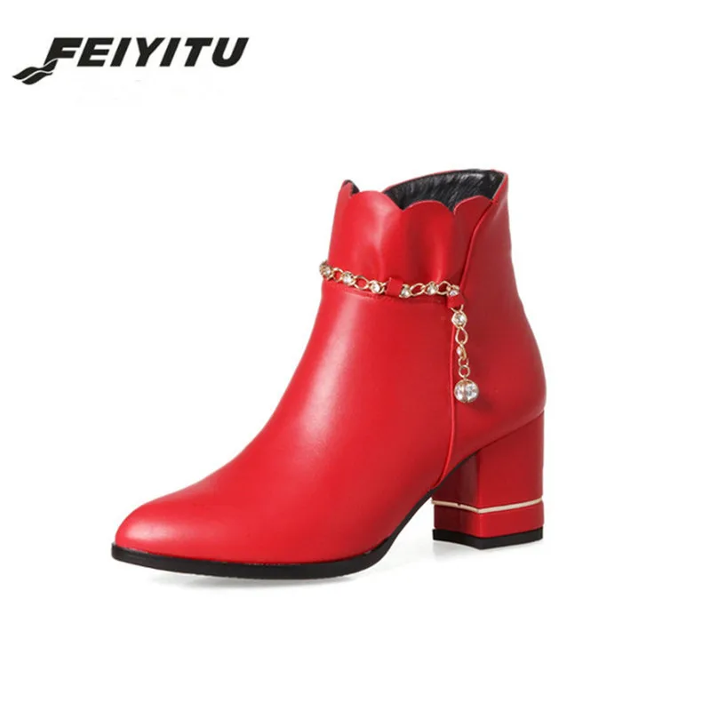 

Feiyitu Winter Women Boots Crystal Ankle Boots Zip Ruffles Chunky High Heel Boots Martin Lady Autumn Shoes Size 34-43 Red White