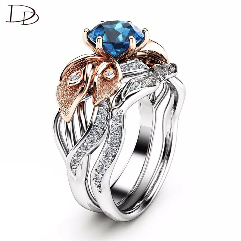 

DODO 7.5mm Blue AAA Zircon Flower Fairy Rings For Women Fashion 2 Pcs Set Ring Rose Gold Color Leaves Kpop Jewelry Anel RA0234